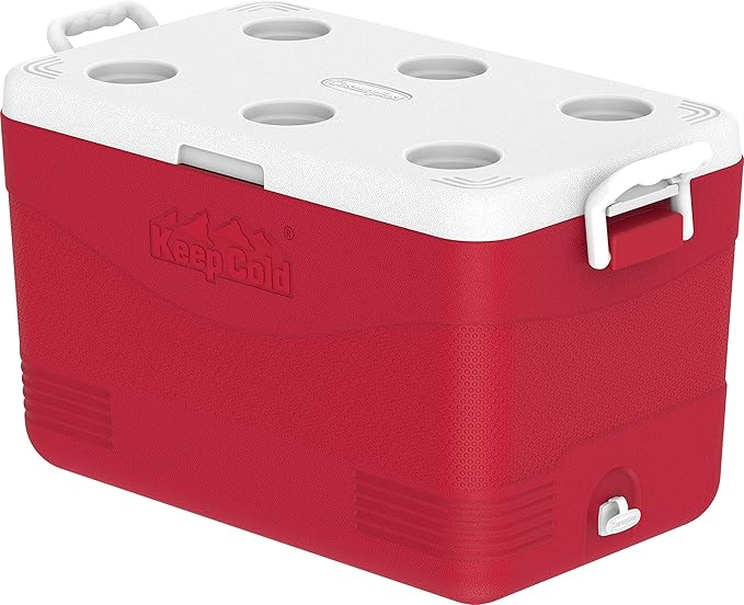 60L Plastic Picnic Cooler Icebox Red – Heavy Duty Insulated Cooler with 6-Day Ice Retention