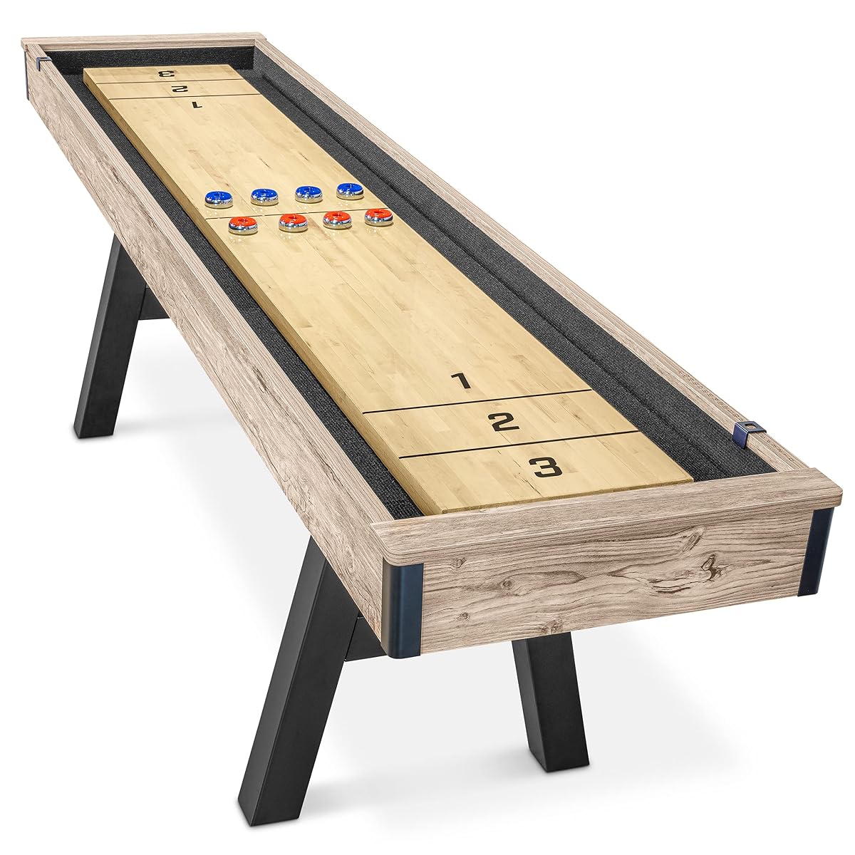 Premium 9 ft Shuffleboard Table with 8 Metal Pucks, Wax & Brush | Indoor Game Room Shuffleboard Table