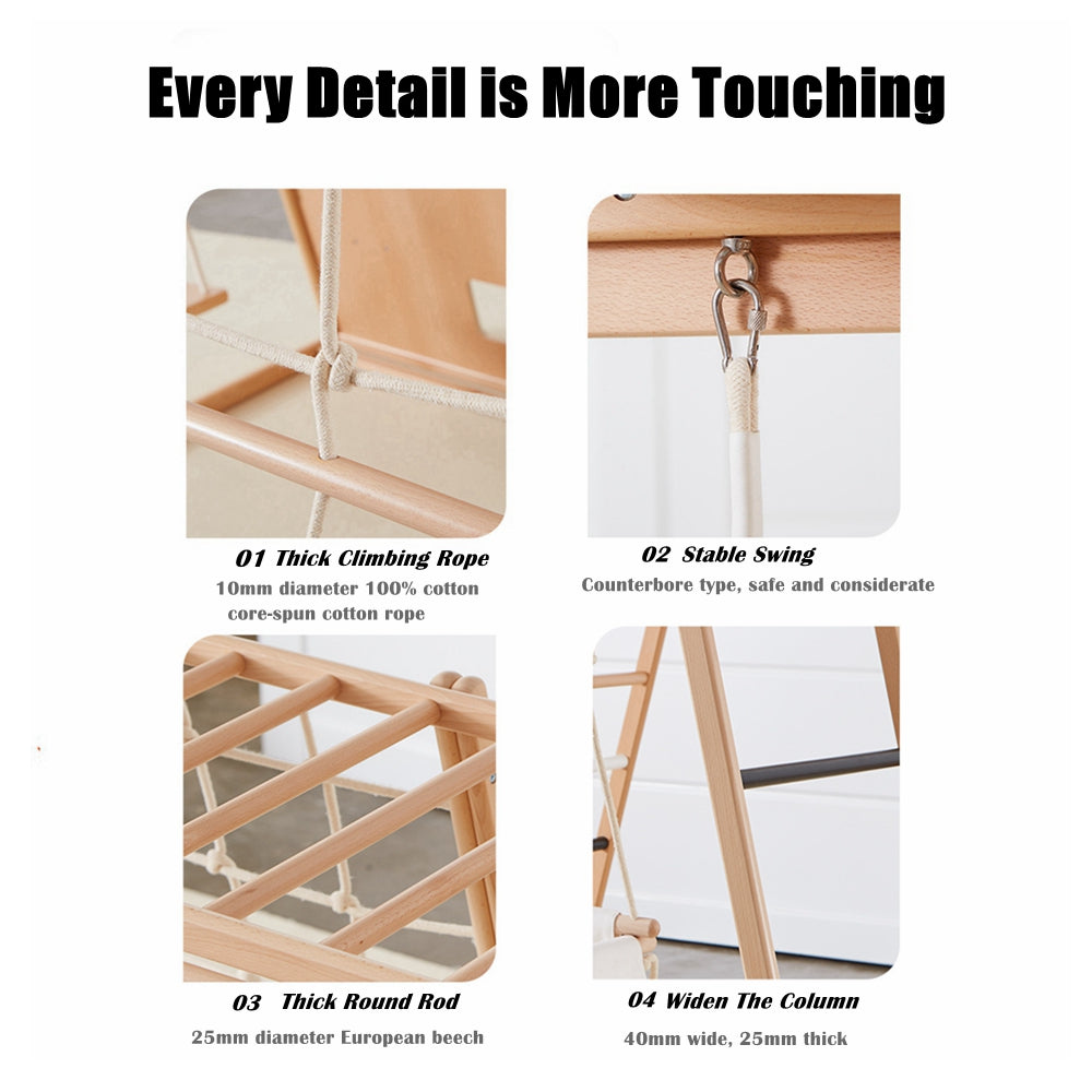 COOLBABY SSZ-PPJ07 Beech Indoor Playground 7-in-1 Solid Wood Children's Climbing Frame With Swing/Slide/Rock Climbing/Net/Ladder/Monkey Bar/Basketball Frame - COOLBABY