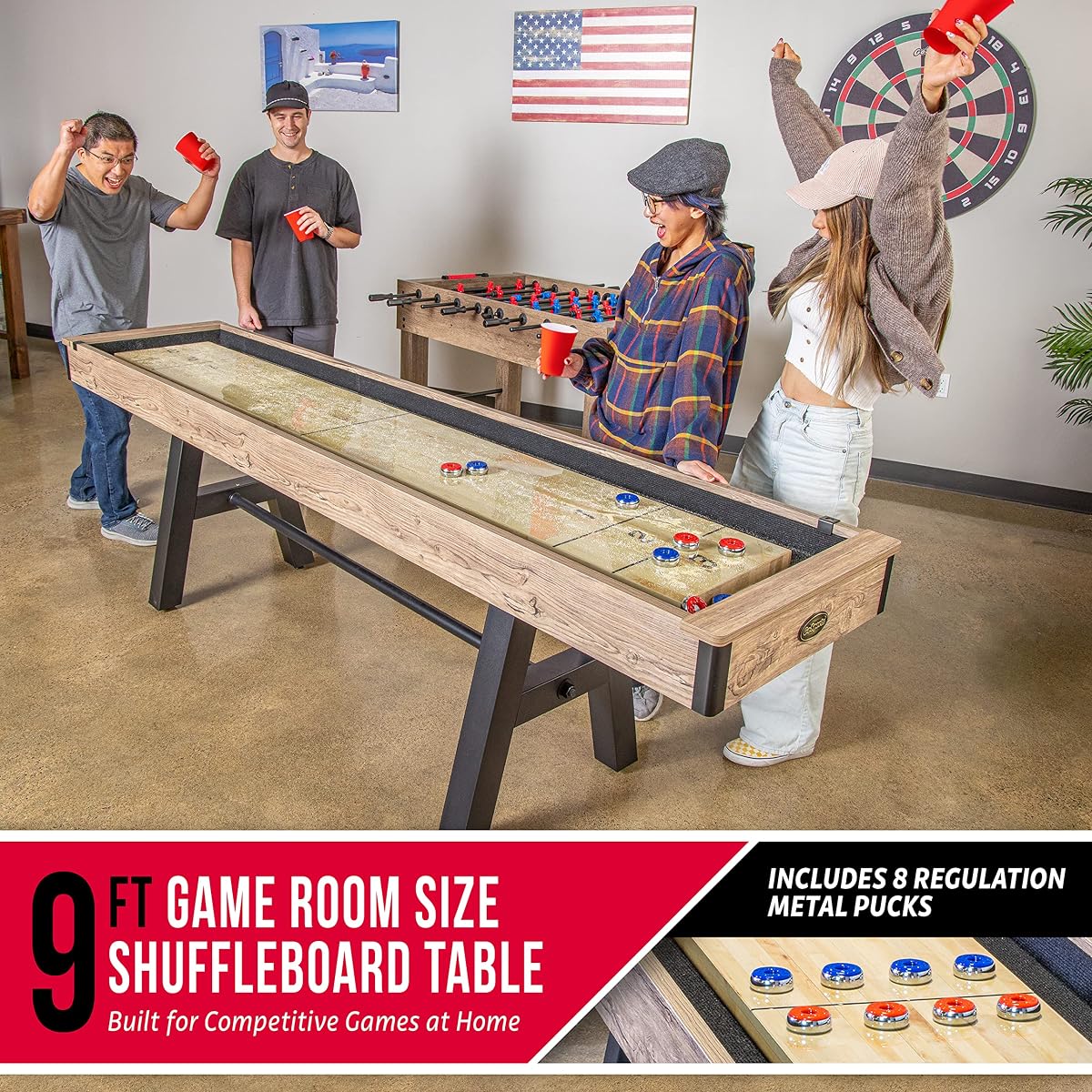 Premium 9 ft Shuffleboard Table with 8 Metal Pucks, Wax & Brush | Indoor Game Room Shuffleboard Table