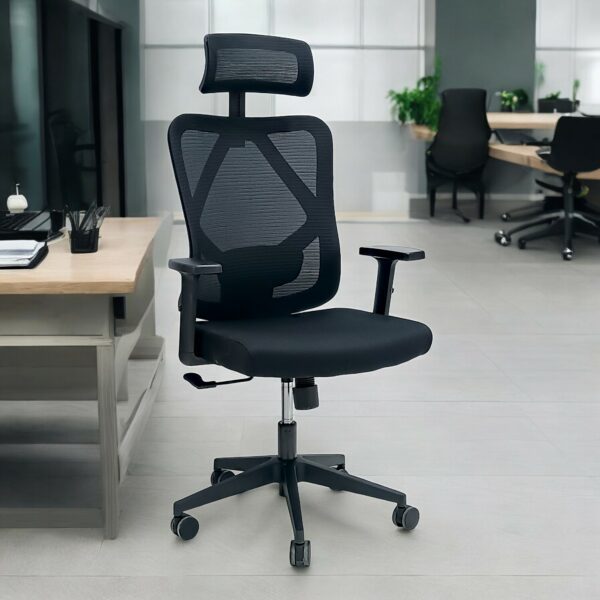 Ergonomic Mesh Office Chair – Adjustable Headrest and Armrests, Tilt Backrest, Lumbar Support, Fabric Seat, Swivel Manager Chair - Black - COOLBABY