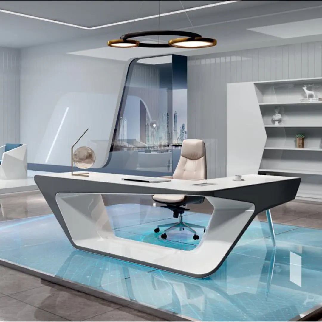 BG-9925 Glossy Executive Office Table White | Smart Desk with Fingerprint Lock & Ports