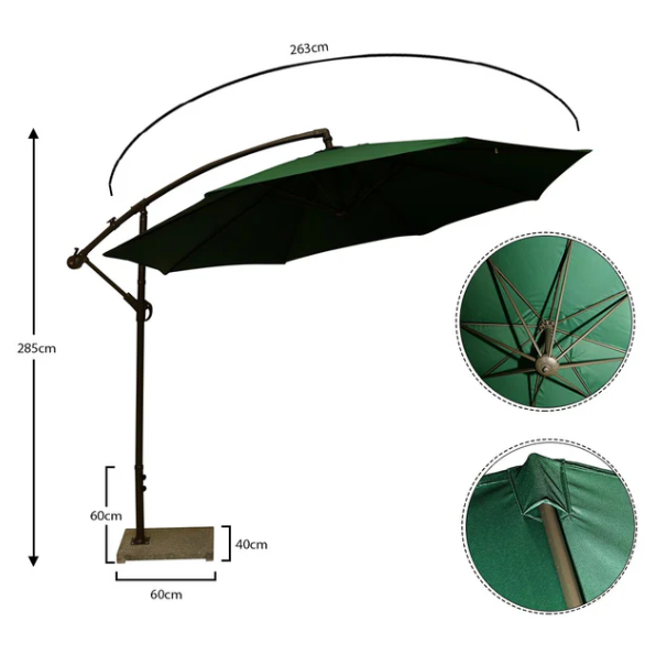 Green Cantilever Hanging Umbrella with Base | Outdoor Patio & Garden Shade Umbrella