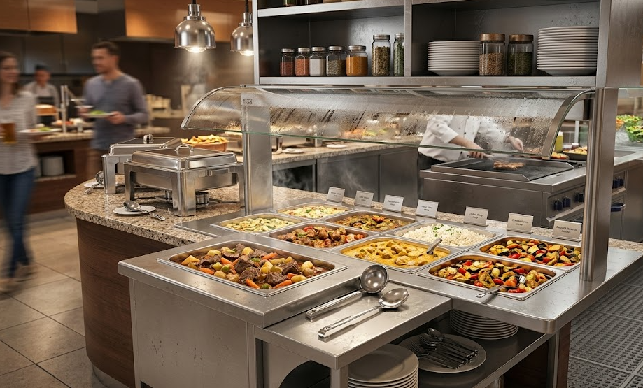 Bain Marie 4 x 1/1 GN with Open Cabinet & Sneeze Guard – Stainless Steel Food Warmer 1.5KW Made in UAE