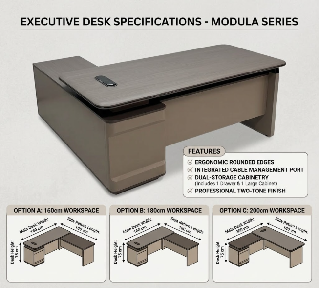 Executive Desk – Modern Executive Office Desk with Storage Cabinet & Cable Management