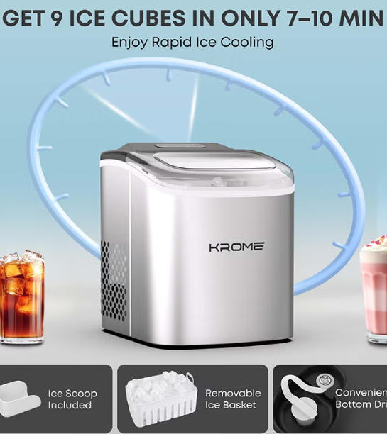 KR-IM12SH 12KG/24H – 9 Bullet Ice Cubes, LED Display, Auto Clean, Compact Countertop Ice Maker