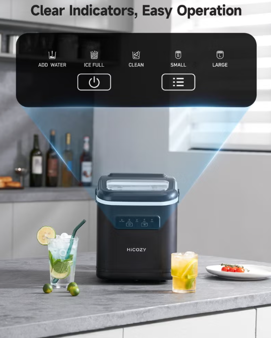 Portable Ice Maker HIM-D4 15KG/24H – 9 Bullet Ice Cubes in 6 Minutes, Self-Cleaning, 2 Ice Sizes, 1.4L Ice Machine