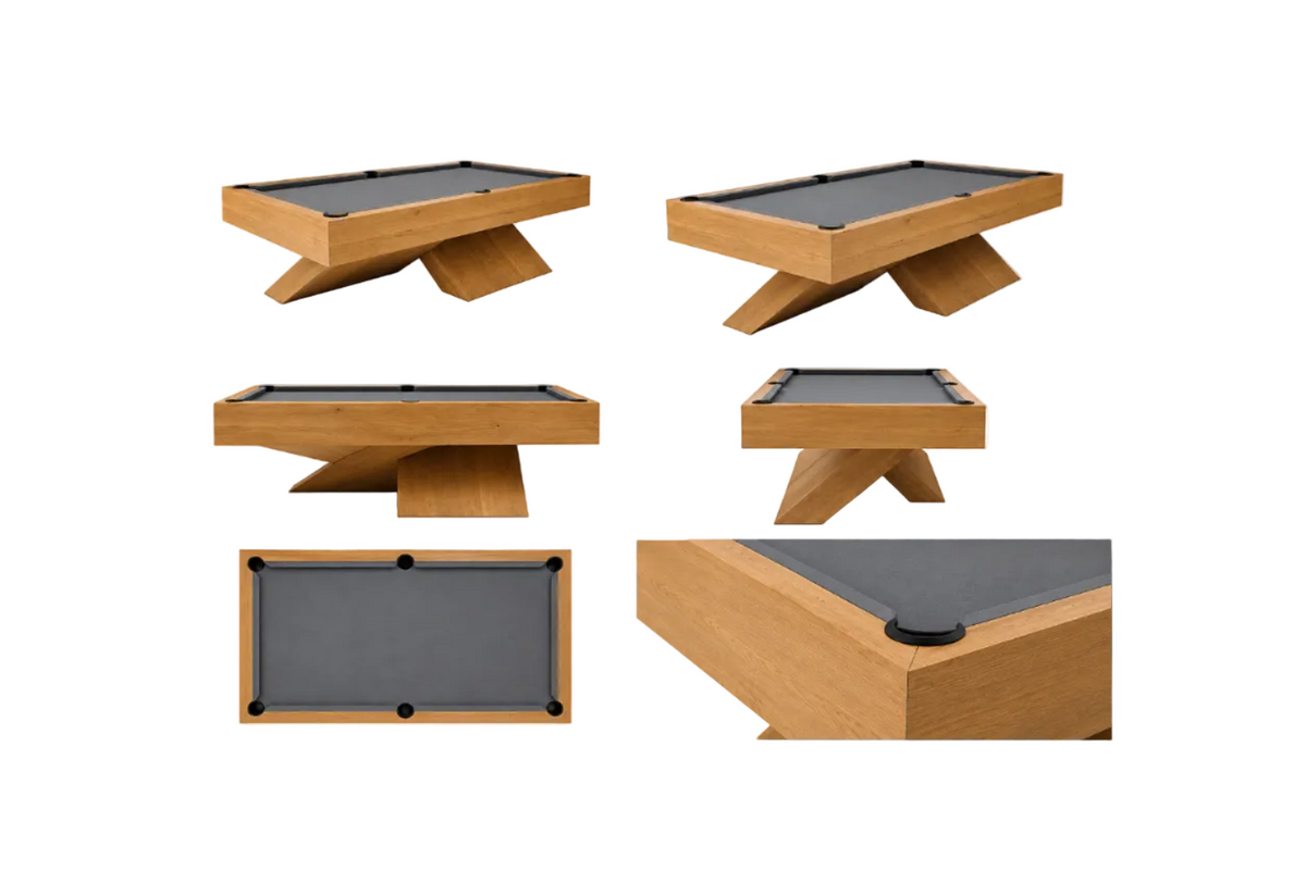 Wooden pool table with gray felt surface on a white background