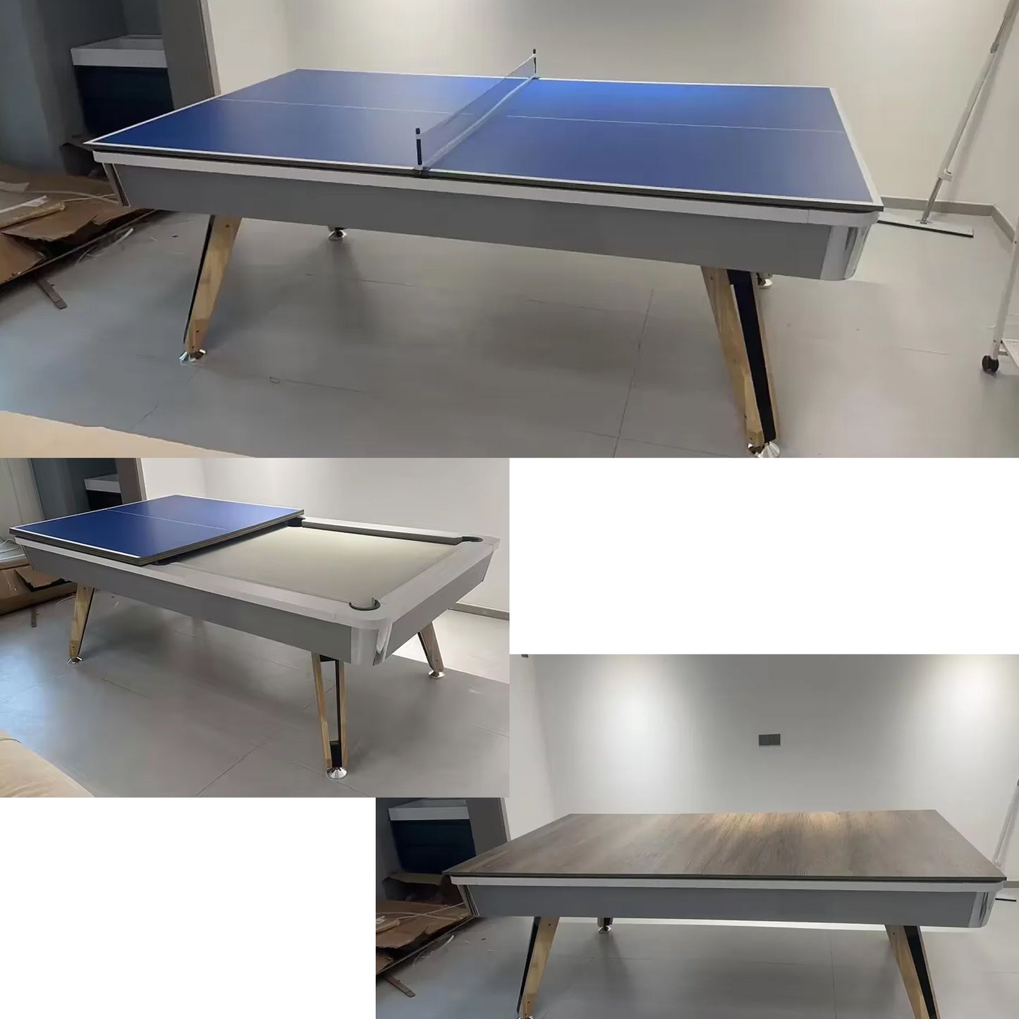 8-ft 3 IN 1 Professional Billiard Pool Tables with Full Accessory Pool Table with Table Tennis Top - White with Grey Felt - COOLBABY