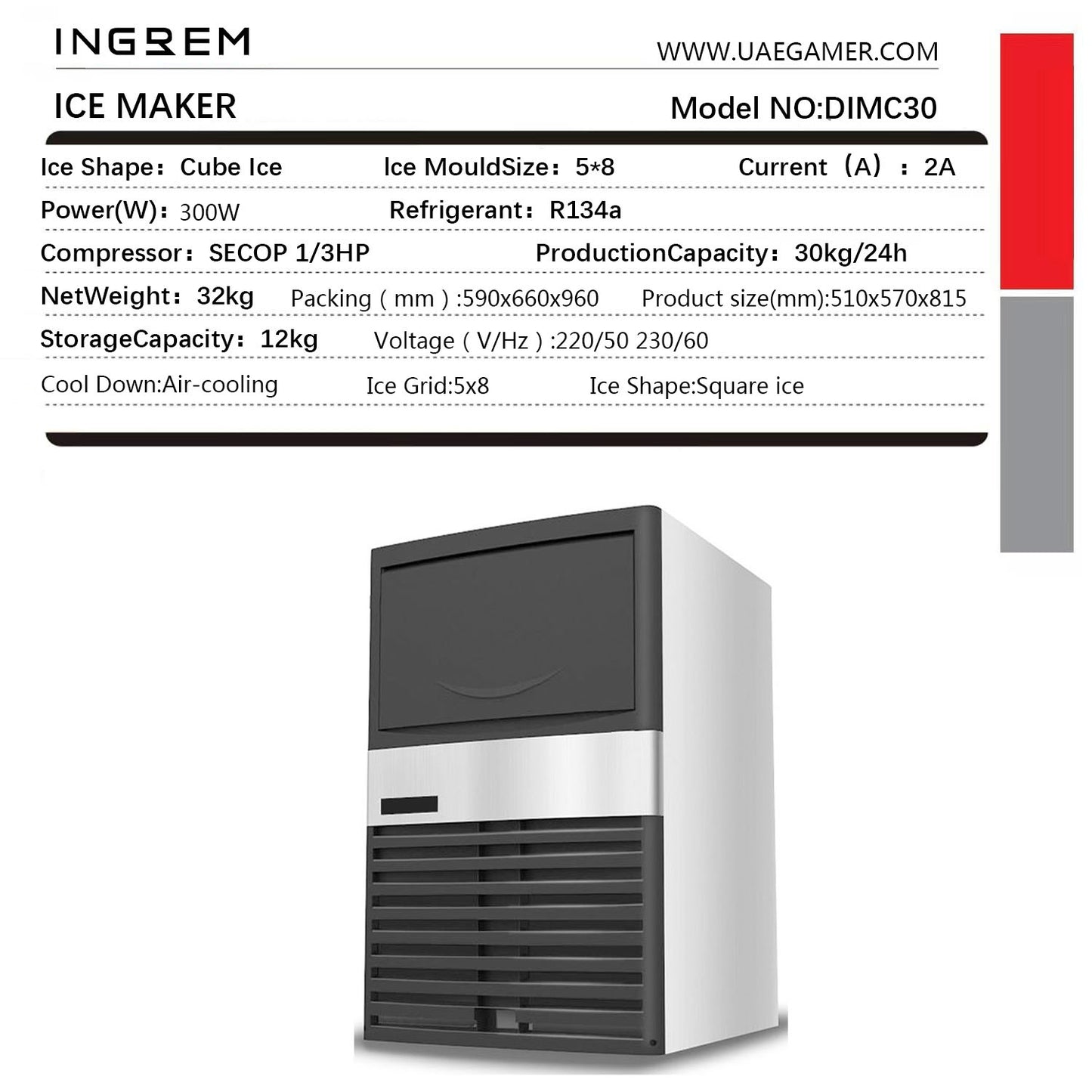 Commercial Ice Cube Maker Stainless Steel Commercial Ice Maker - 30kg/24h with 12kg Storage Capacity - COOLBABY