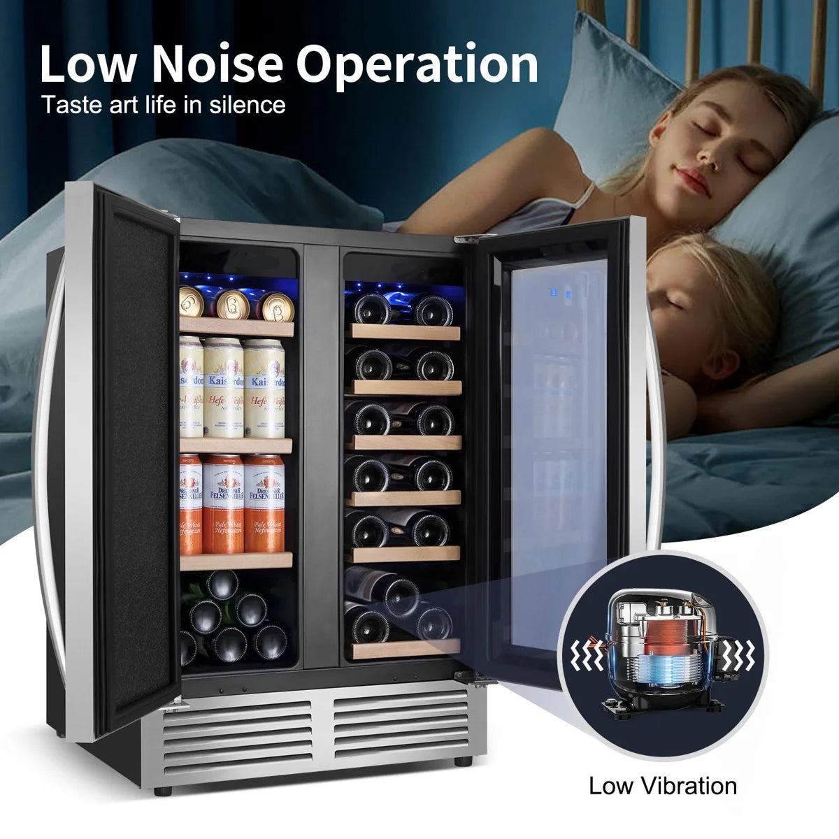 24 Inch Dual Zone 18 Bottle and 60 Can Wine & Beverage Refrigerator Built-in/Freestanding Cooler for Beer Wine Drink with Built-In Light