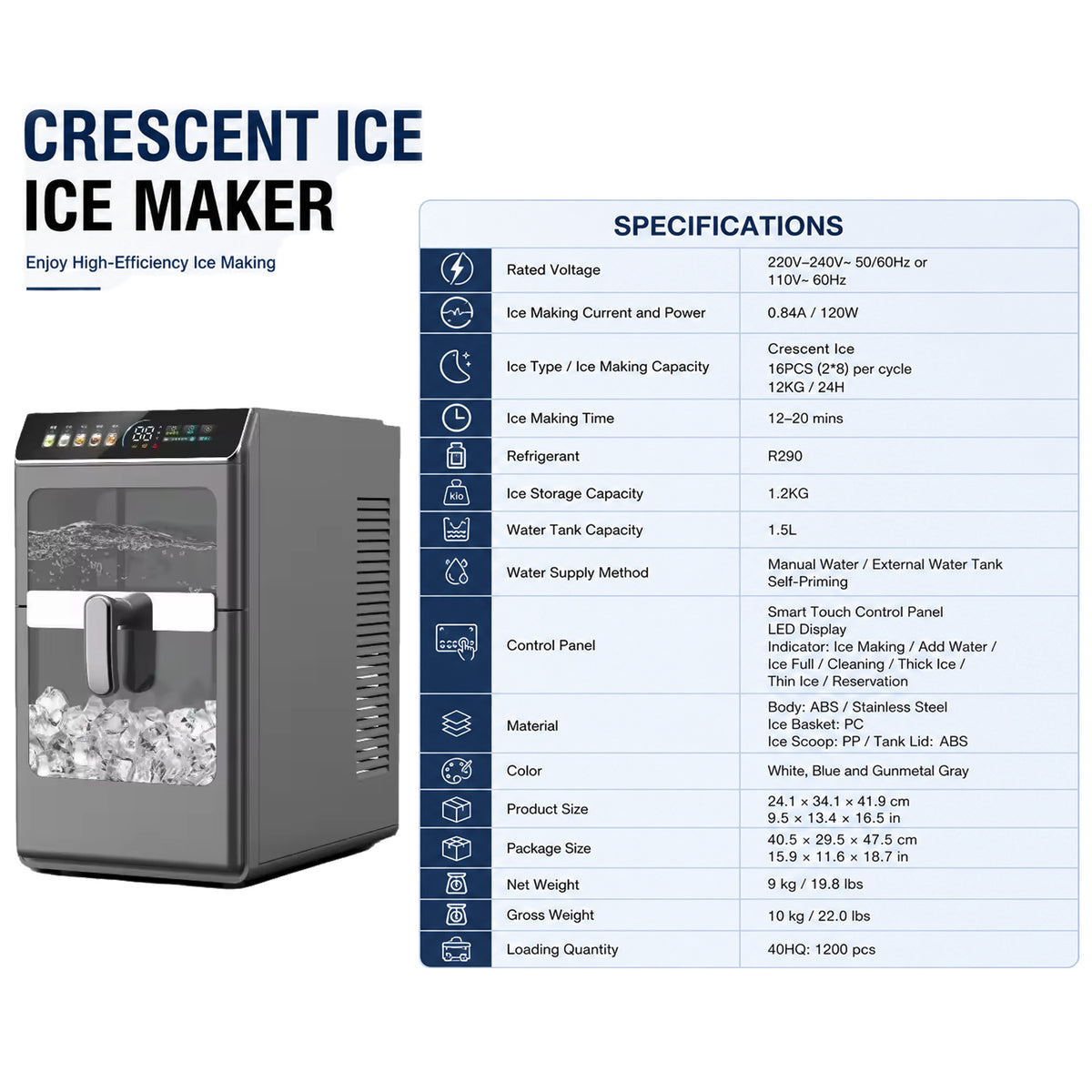 Countertop Crescent Ice Maker 12kg/24H Automatic Ice Making Machine with Self-Cleaning for Home Bar Use