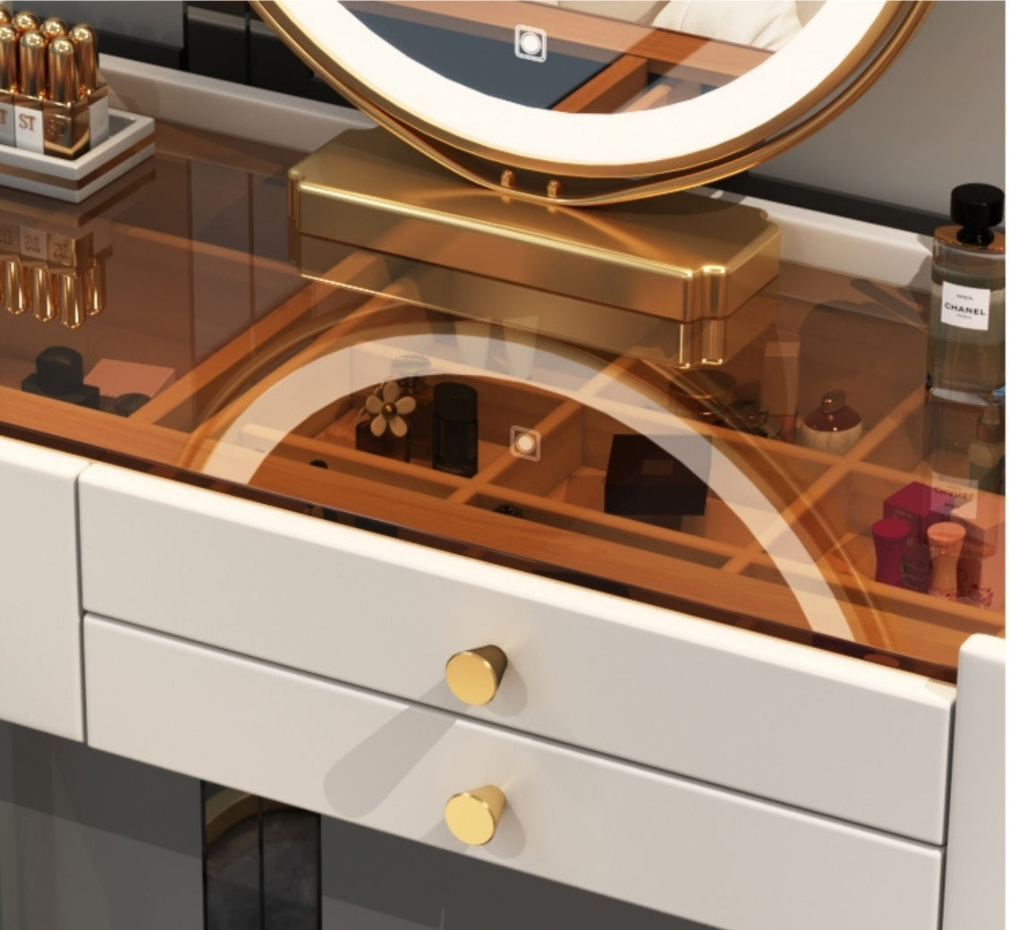 Modern Solid Wood Makeup Vanity Table Set with Smart Mirror and LED Lighting - COOLBABY