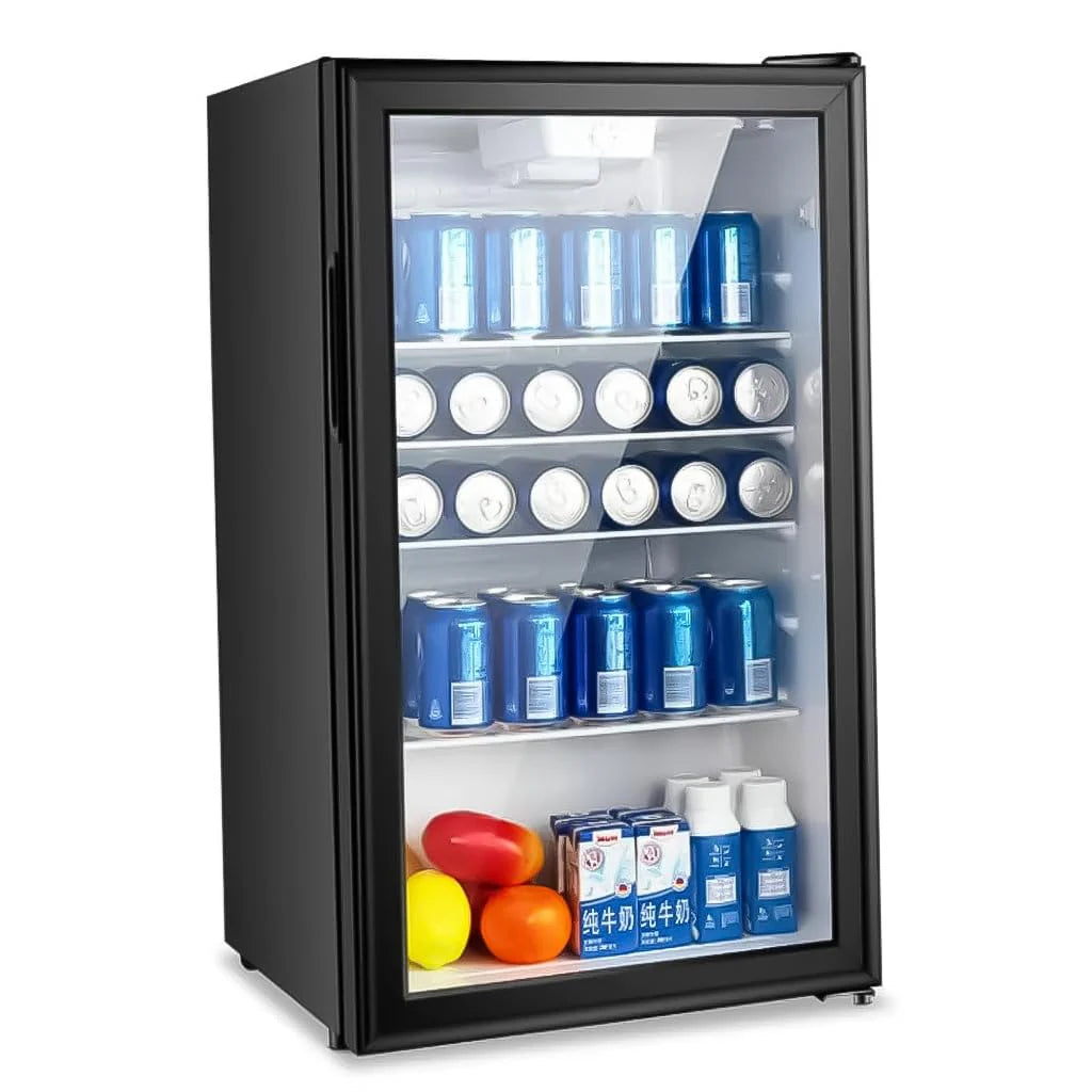 90L Beverage Refrigerator | Glass Door Mini Fridge with Adjustable Temperature | Black