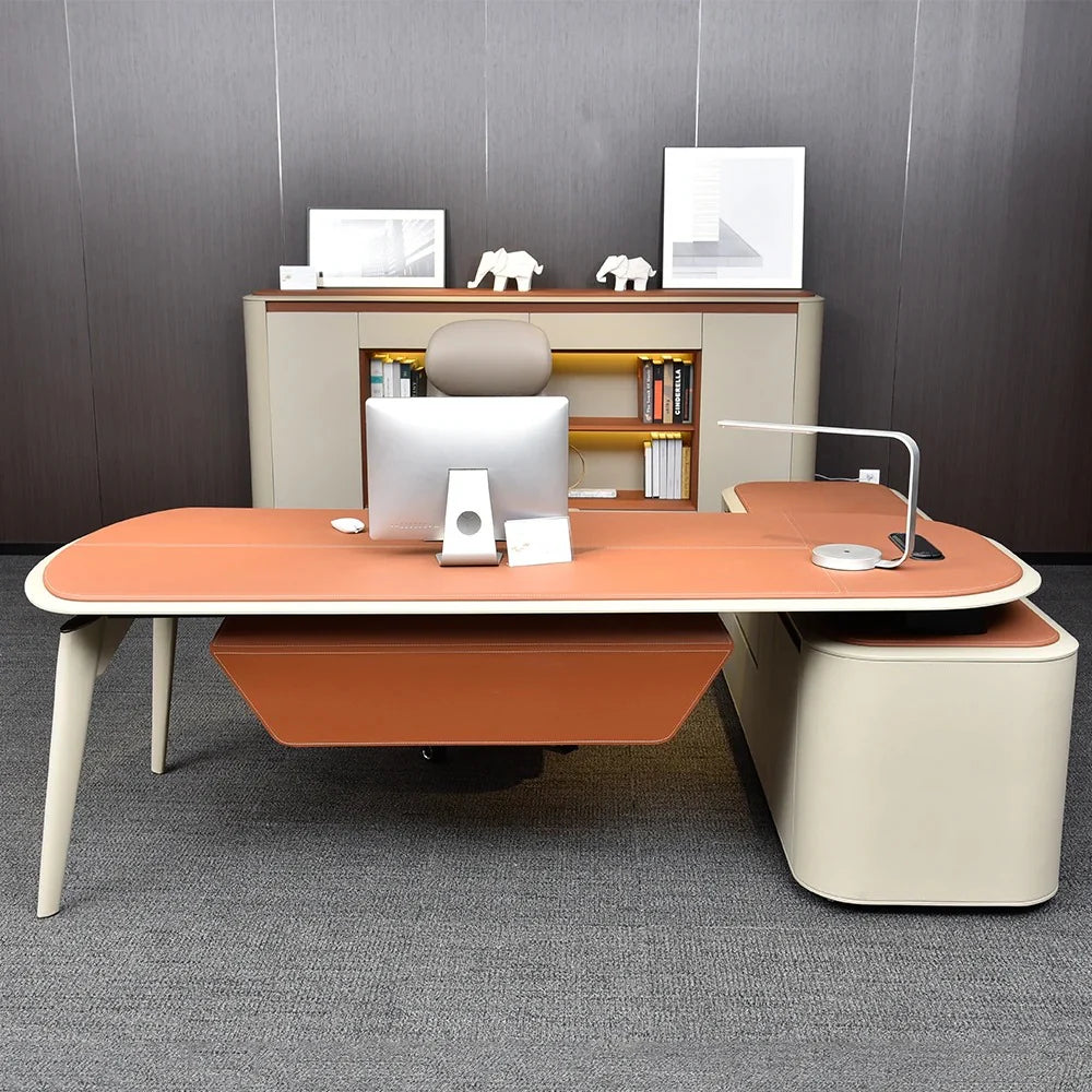 H-07 Luxury Executive Office Desk 240 x 210 cm with Premium Nubuck Leather Finish