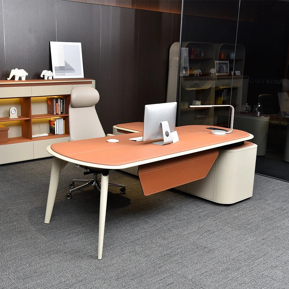 H-07 Luxury Executive Office Desk 240 x 210 cm with Premium Nubuck Leather Finish