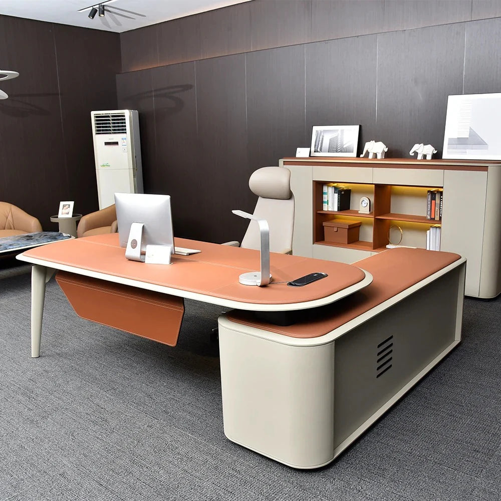 H-07 Luxury Executive Office Desk 240 x 210 cm with Premium Nubuck Leather Finish