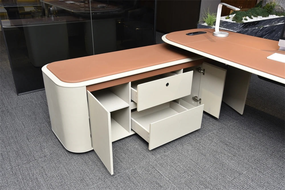 H-07 Luxury Executive Office Desk 240 x 210 cm with Premium Nubuck Leather Finish