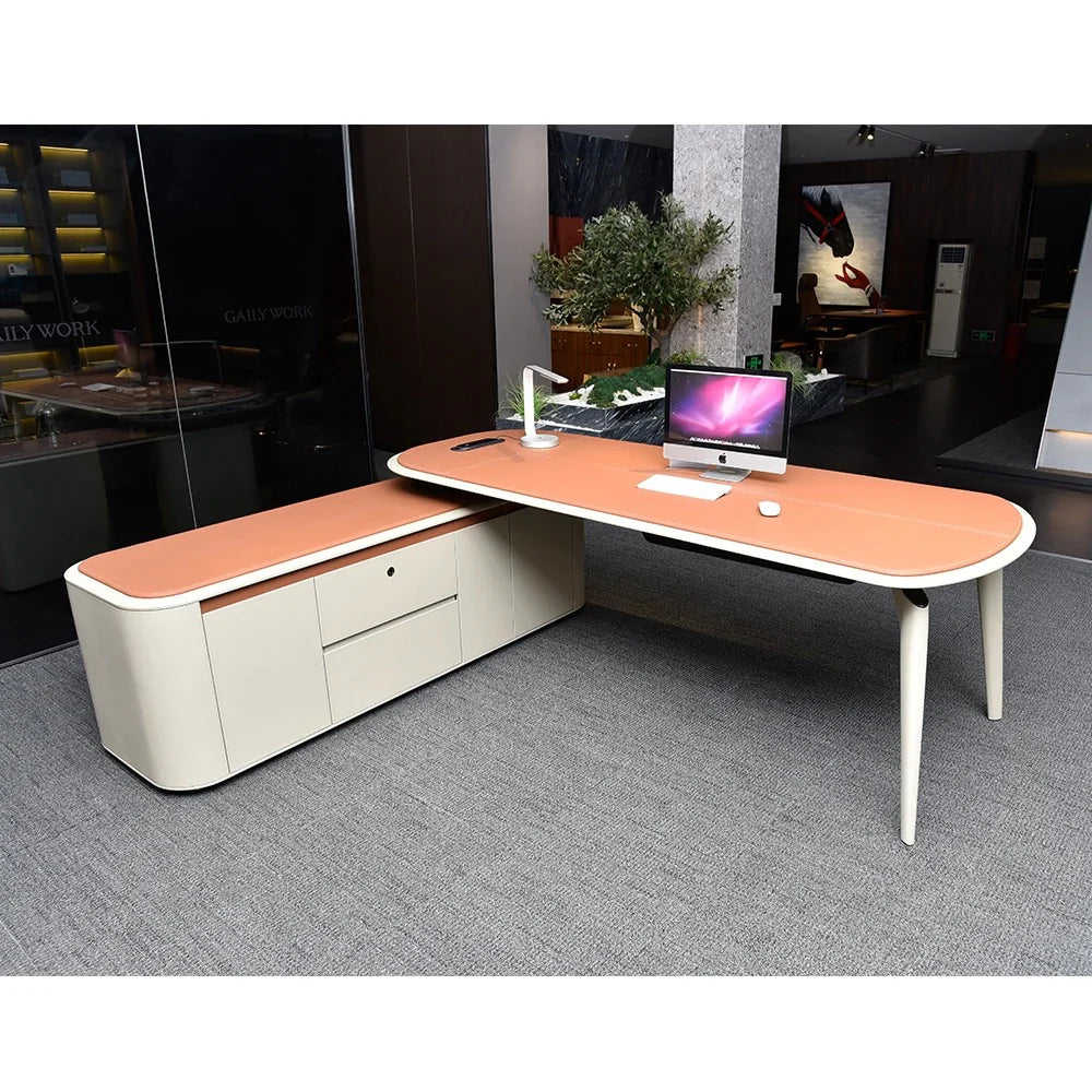 H-07 Luxury Executive Office Desk 240 x 210 cm with Premium Nubuck Leather Finish