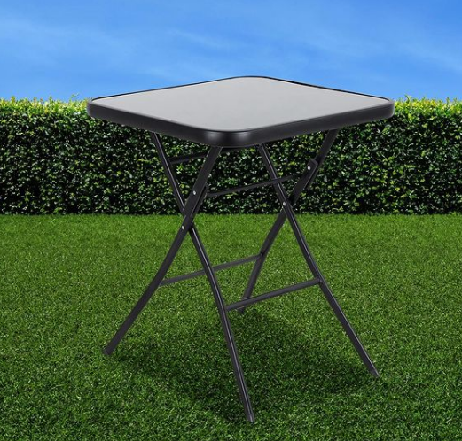 Folding Drinks Side Table, Outdoor Garden Table, Small Square Patio Table - Black with Tempered Glass Top - COOLBABY
