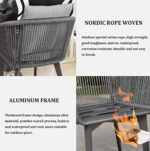 Outdoor Aluminum And Rope Dining Chair with Cushions Grey - COOLBABY