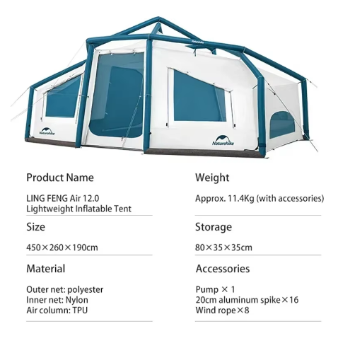 Air 12.0 Lightweight Inflatable Tent 3-4 Person Camping Tent, Travel Portable Waterproof Tent With Pump - COOLBABY