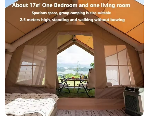 Inflatable Camping Tent Luxury Waterproof Cotton Air Tent For 4 People Family Outdoor Trip With Chimney Hole - COOLBABY
