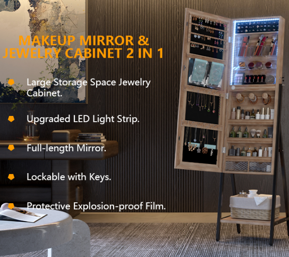 3 LEDs Free standing Jewelry Cabinet with Full- Length Mirror, Lockable Jewelry Armoire Organizer - COOLBABY