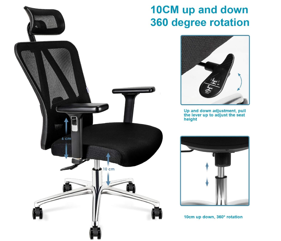 High Back Mesh Office Chair Ergonomic Chair, with Adjustable Headrest/Armrest and Lumbar Support - COOLBABY