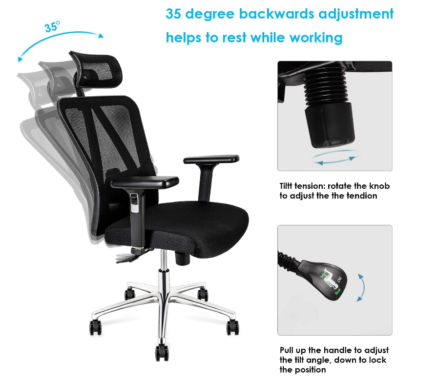 High Back Mesh Office Chair Ergonomic Chair, with Adjustable Headrest/Armrest and Lumbar Support - COOLBABY