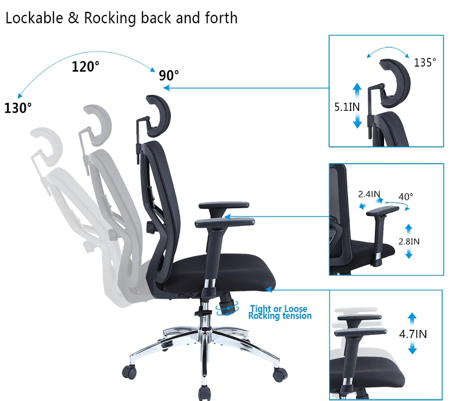 Ergonomic Office Chair - High Back Desk Chair with Adjustable Lumbar Support, Headrest & 3D Metal Armrest - 130° Rocking - COOLBABY