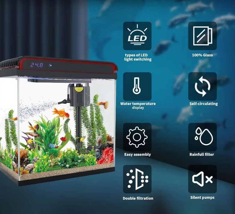 Fish Tank, 5 Gallon Glass Aquarium, With Filter And 3 LED Plant Lights And Water Temperature Detection System - COOLBABY
