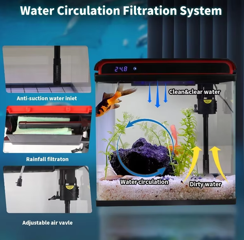 Fish Tank, 5 Gallon Glass Aquarium, With Filter And 3 LED Plant Lights And Water Temperature Detection System - COOLBABY