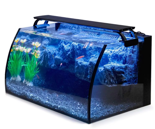 8 Gallon LED Glass Aquarium Kit For Starters With 7W Power Filter Pump, 18W Colored Led Light, Wide View Curved Shape Fish Tank - COOLBABY