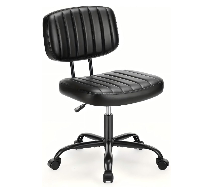 Armless Home Office Desk Chair with Wheels, Ergonomic PU Leather Task Chair, Height Adjustable, 360° Swivel, Lumbar Support - Black - COOLBABY
