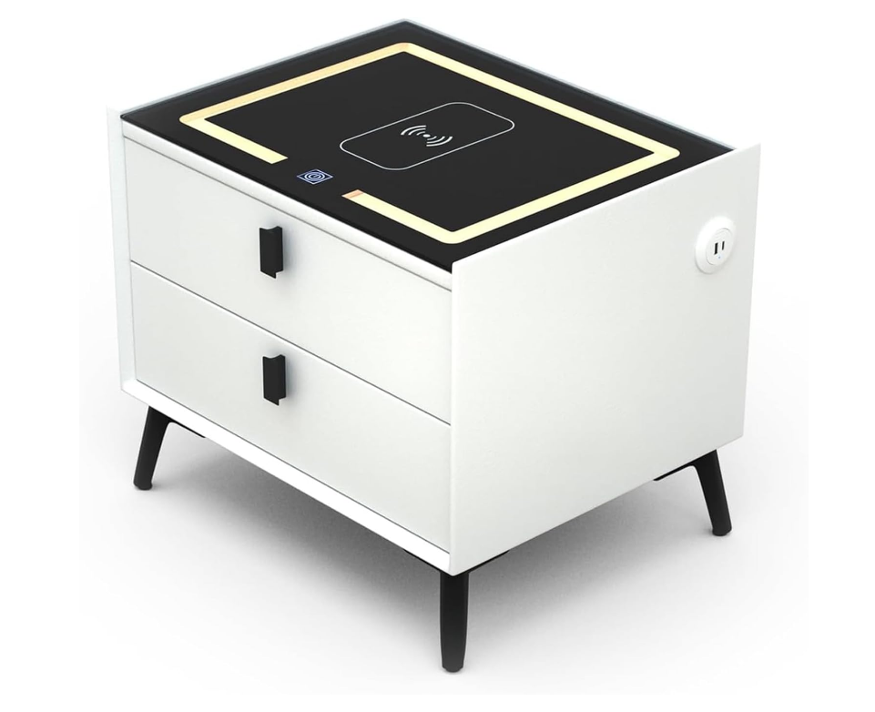 COOLBABY Smart Nightstand with Wireless Charging, USB and Type-C Ports, Adjustable LED Lights, 2 Storage Drawers, Modern Bedside Table (White) - COOLBABY