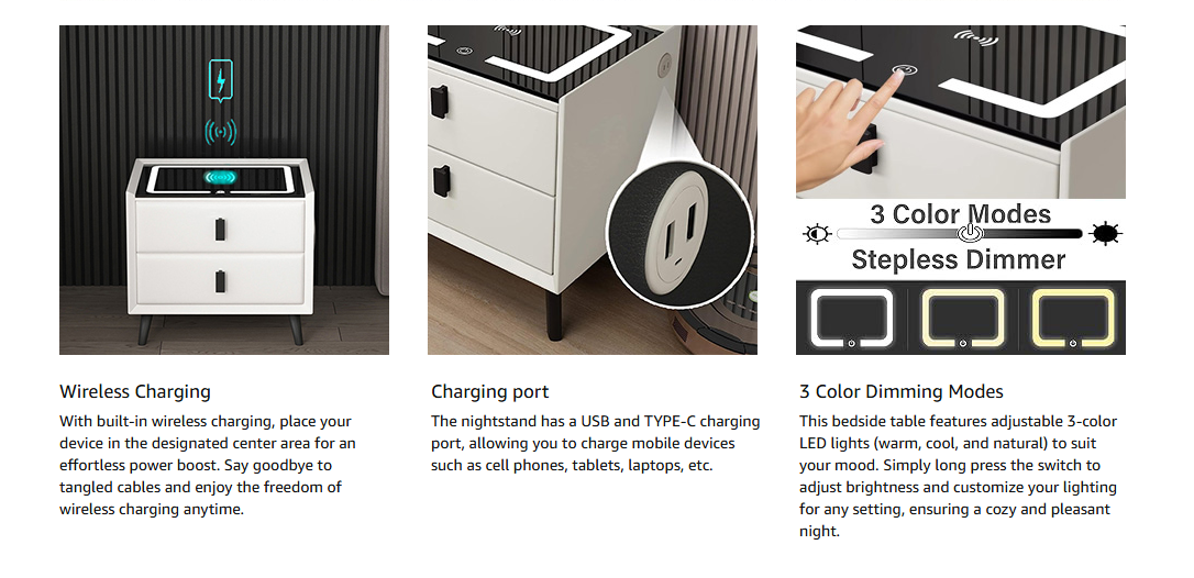 COOLBABY Smart Nightstand with Wireless Charging, USB and Type-C Ports, Adjustable LED Lights, 2 Storage Drawers, Modern Bedside Table (White) - COOLBABY