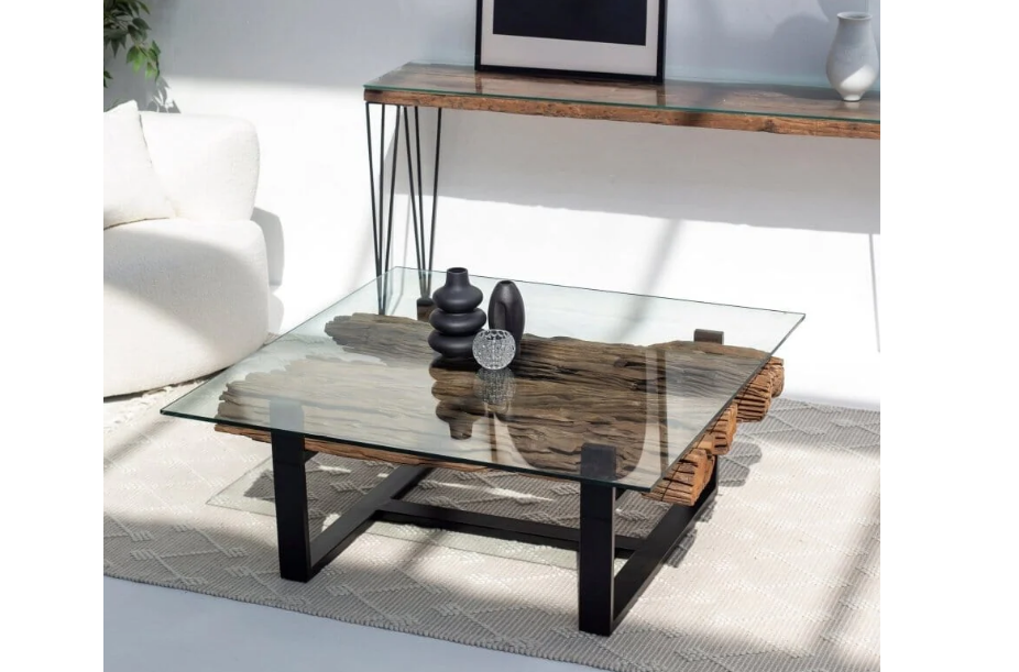 Railway Wood Coffee Table With Glass Top 120 x 120 x 45 CM - COOLBABY