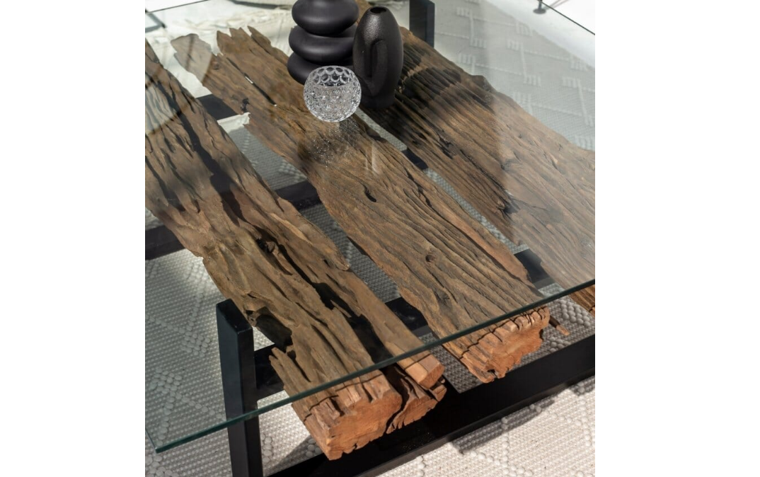 Railway Wood Coffee Table With Glass Top 120 x 120 x 45 CM - COOLBABY