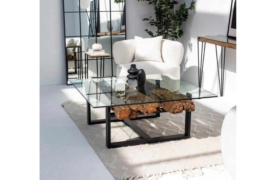 Railway Wood Coffee Table With Glass Top 120 x 120 x 45 CM - COOLBABY