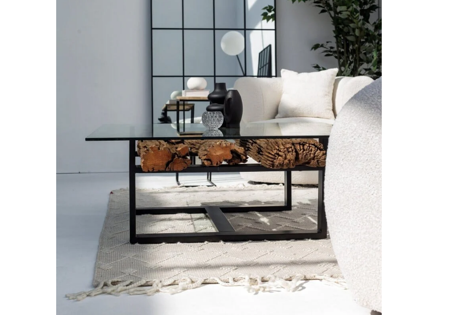 Railway Wood Coffee Table With Glass Top 120 x 120 x 45 CM - COOLBABY