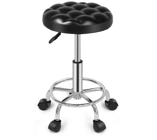 Round Rolling Stool: Vanity Chair with PU Leather, Height Adjustable, 360° Swivel Stool with Wheels - COOLBABY