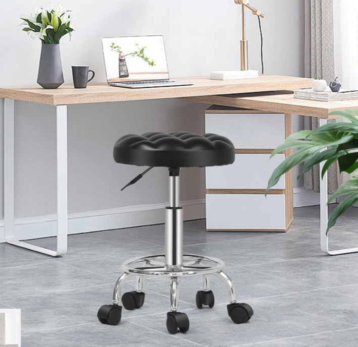 Round Rolling Stool: Vanity Chair with PU Leather, Height Adjustable, 360° Swivel Stool with Wheels - COOLBABY