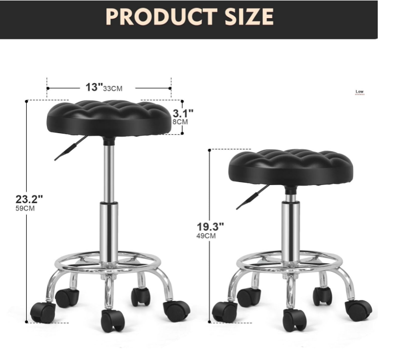 Round Rolling Stool: Vanity Chair with PU Leather, Height Adjustable, 360° Swivel Stool with Wheels - COOLBABY