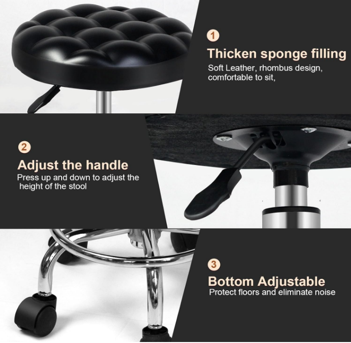 Round Rolling Stool: Vanity Chair with PU Leather, Height Adjustable, 360° Swivel Stool with Wheels - COOLBABY