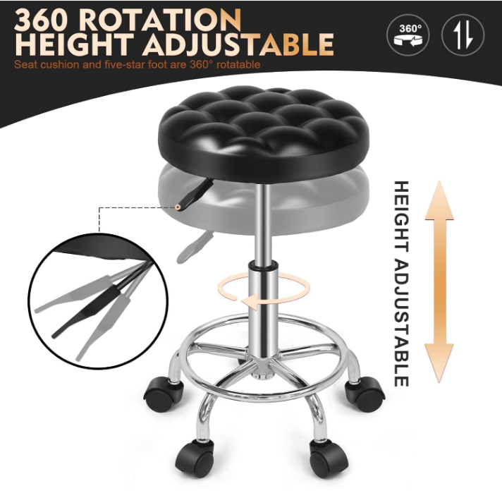 Round Rolling Stool: Vanity Chair with PU Leather, Height Adjustable, 360° Swivel Stool with Wheels - COOLBABY