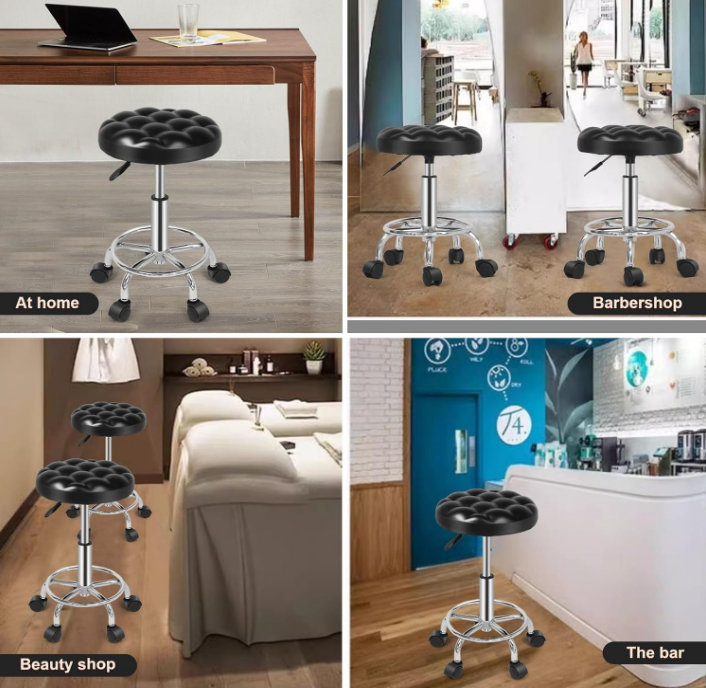 Round Rolling Stool: Vanity Chair with PU Leather, Height Adjustable, 360° Swivel Stool with Wheels - COOLBABY