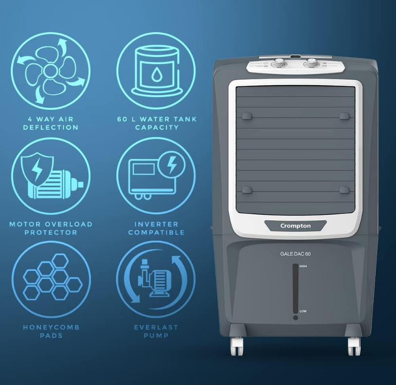 Desert Air Cooler- 60L, with Everlast Pump, 4-Way Air Deflection and Honeycomb pads - Grey - COOLBABY