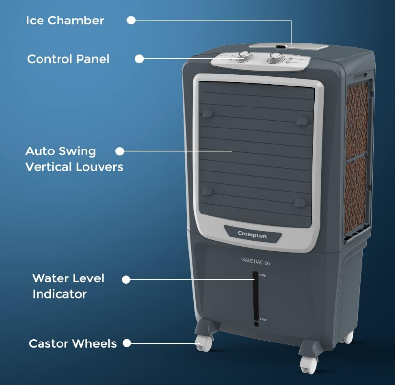 Desert Air Cooler- 60L, with Everlast Pump, 4-Way Air Deflection and Honeycomb pads - Grey - COOLBABY