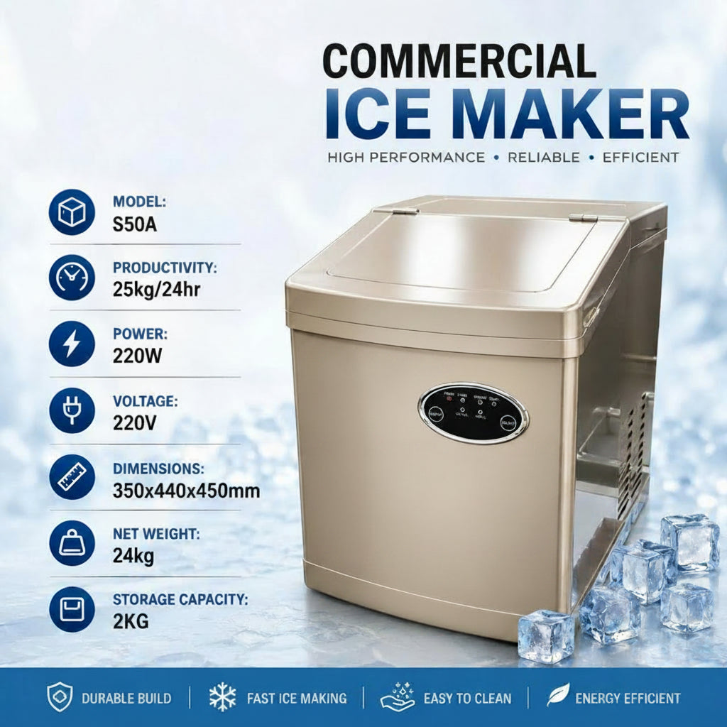 S50A Commercial Ice Maker – 25 KG/24 HR Production, 220 W Power, Durable Stainless Steel Build